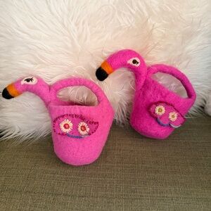 Pottery Barn Kids Wool Flamingo Treat Bags Set of 2 Pink Felt Halloween Easter